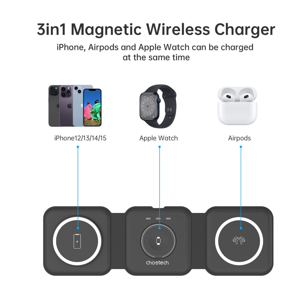 Choetech Foldable 3-in-1 Magnetic Wireless Travel Charger T588-F 15W - Wireless Charging - Black 11