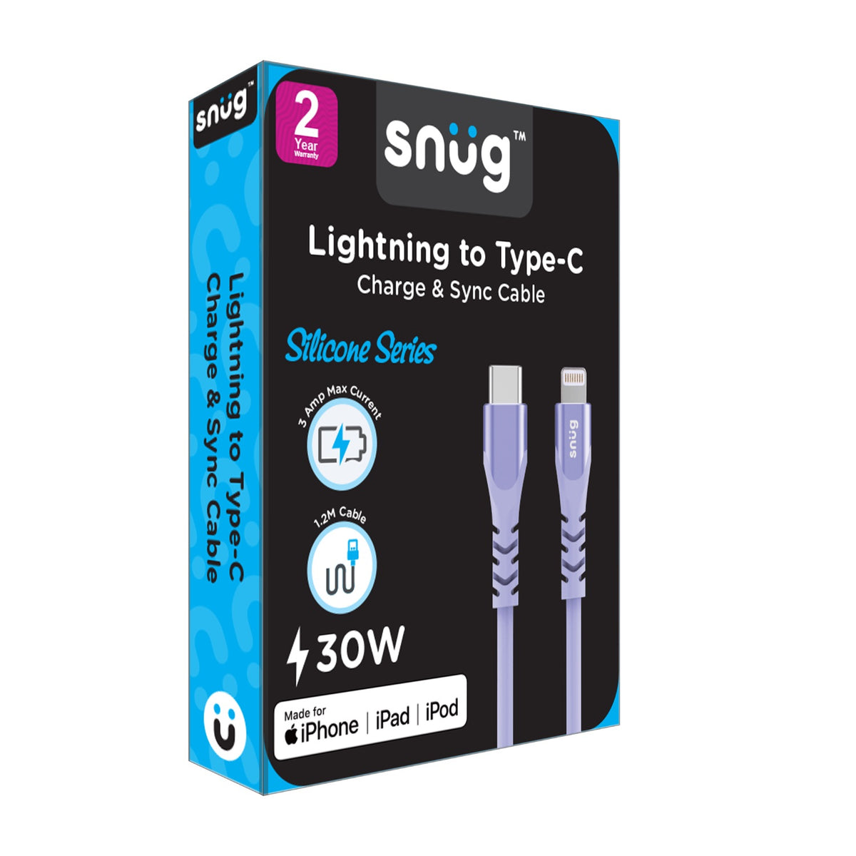 Snug Type-C To MFI Lightning Silicone Cable - 1.2 Metre - Lavender 6