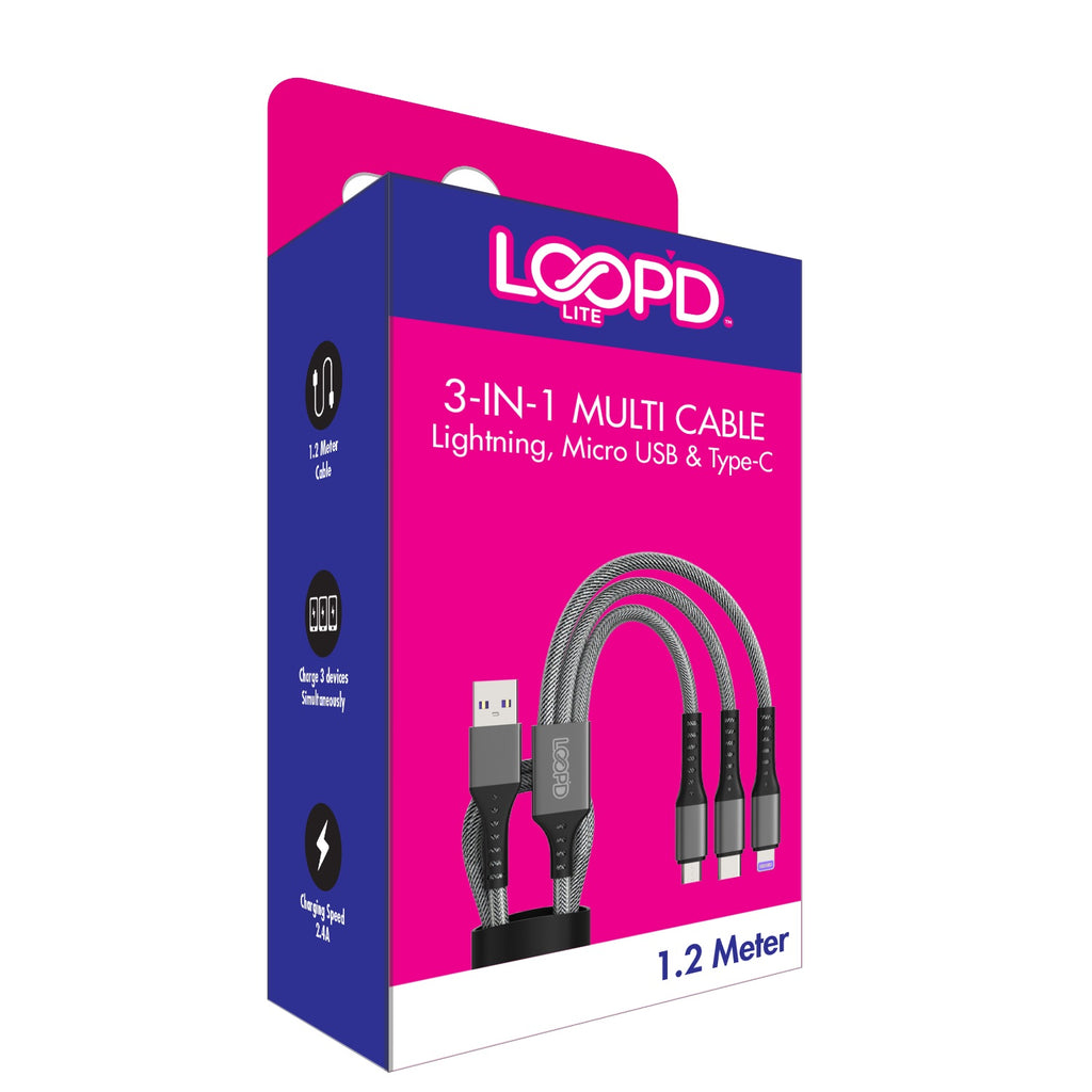 LOOP'D Lite 3 in 1 Multi Cable - 1.2 Metre - Grey 5