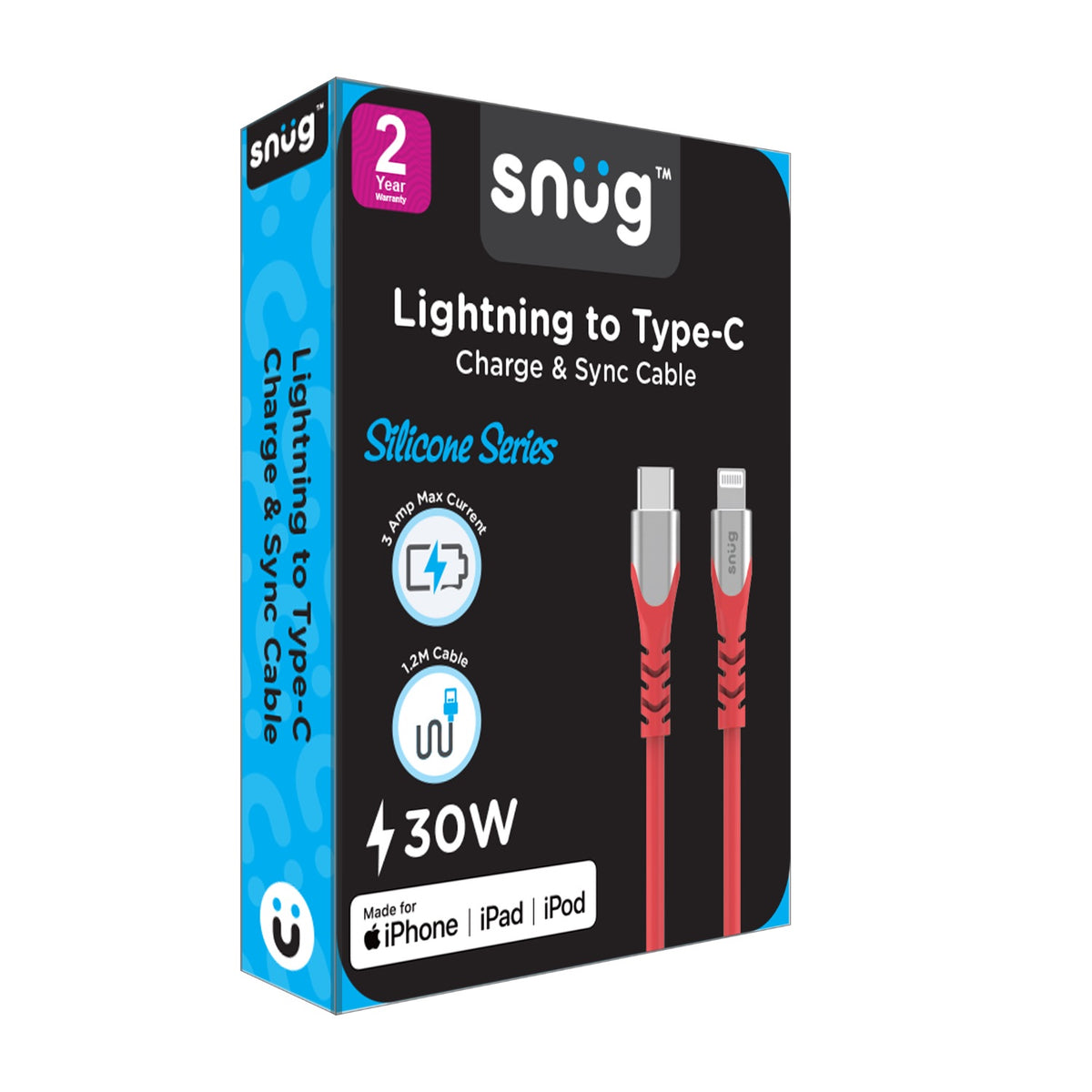 Snug Type-C To MFI Lightning Silicone Cable - 1.2 Metre - Red 4