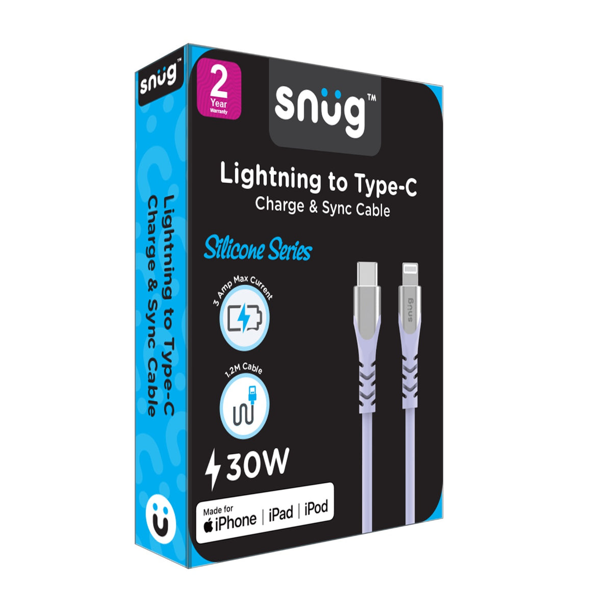 Snug Type-C To MFI Lightning Silicone Cable - 1.2 Metre - Lavender 4