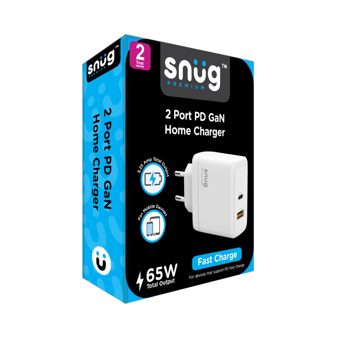 Snug 2 Port PD GaN Wall Charger - 65W - White 5