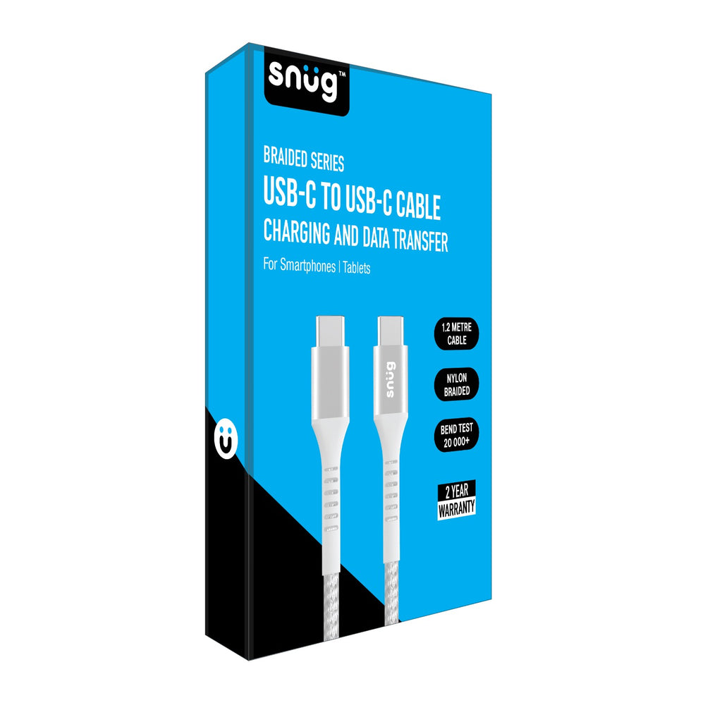 Snug Type-C To Type-C Nylon Braided Cable 60W - 1.2 Metre - White/Silver 2