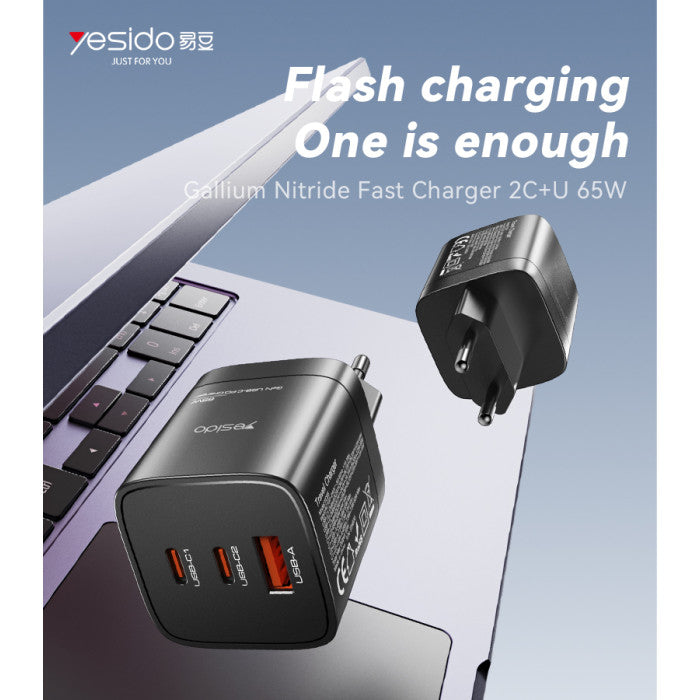 65W GaN Fast Charger – EU Plug | USB-A + 2× USB-C - Yesido