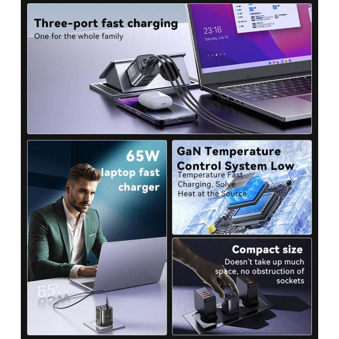 65W GaN Fast Charger – EU Plug | USB-A + 2× USB-C - Yesido