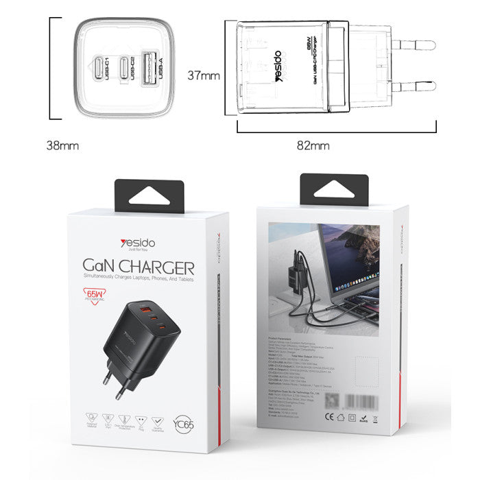 65W GaN Fast Charger – EU Plug | USB-A + 2× USB-C - Yesido