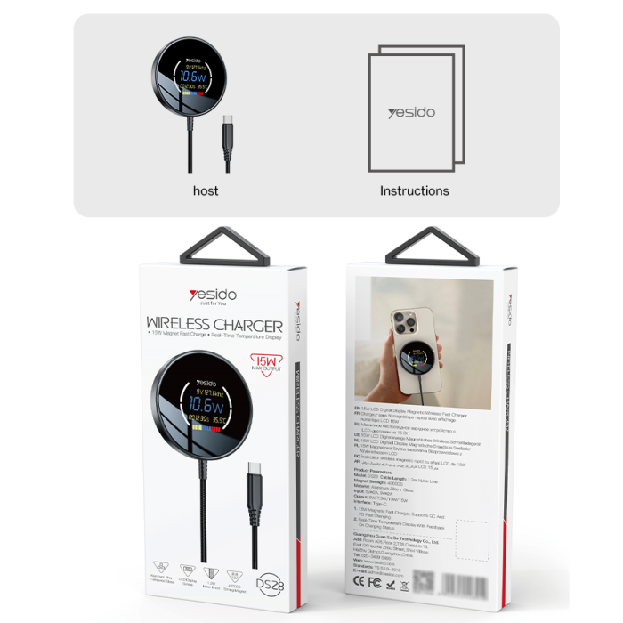 DS28 1.2m Long Cable 15W Fast Charging Dynamic Digital Display Magnetic Wireless Charger