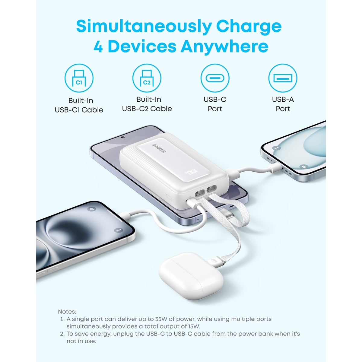Anker Zolo Power Bank 10000mAh 35W With Dual Built-In USB-C Cables - White 3