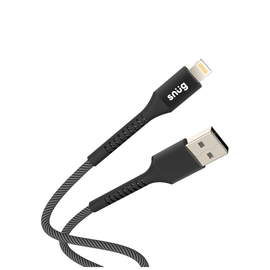 Snug USB To MFI Lightning Nylon Braid Cable 12W - 1.2 Metre - Black/Silver 3