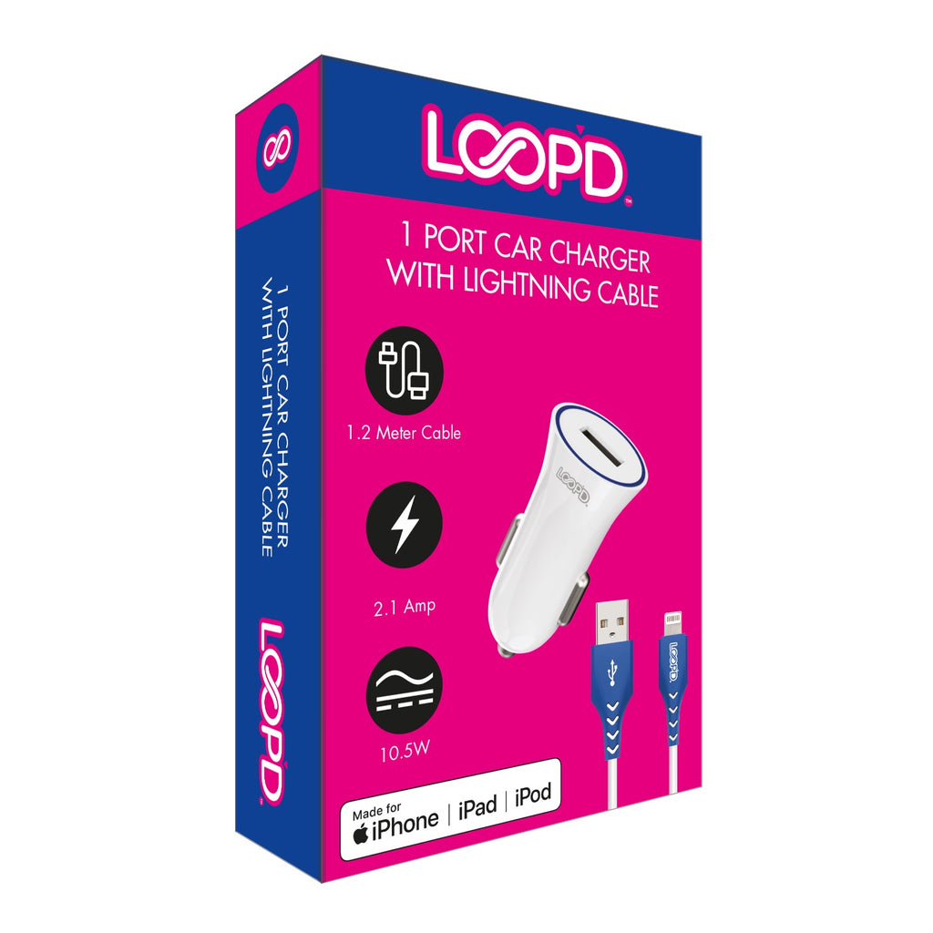 LOOP'D USB Port Car Charger With Lightning Cable - 10.5W - White 2