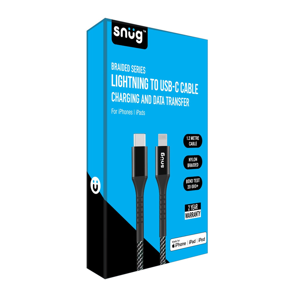 Snug Type-C To MFI Nylon Braided Cable 60W - 1.2 Metre - Black/Silver 5