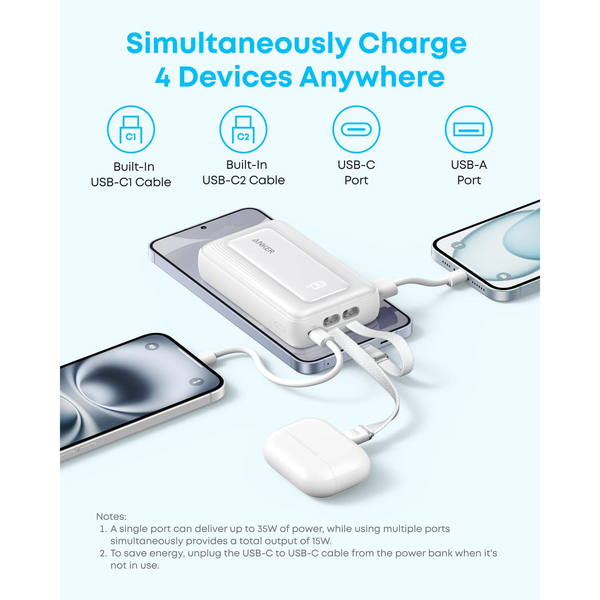 Anker Zolo Power Bank 10000mAh 35W With Dual Built-In USB-C Cables - Black 2
