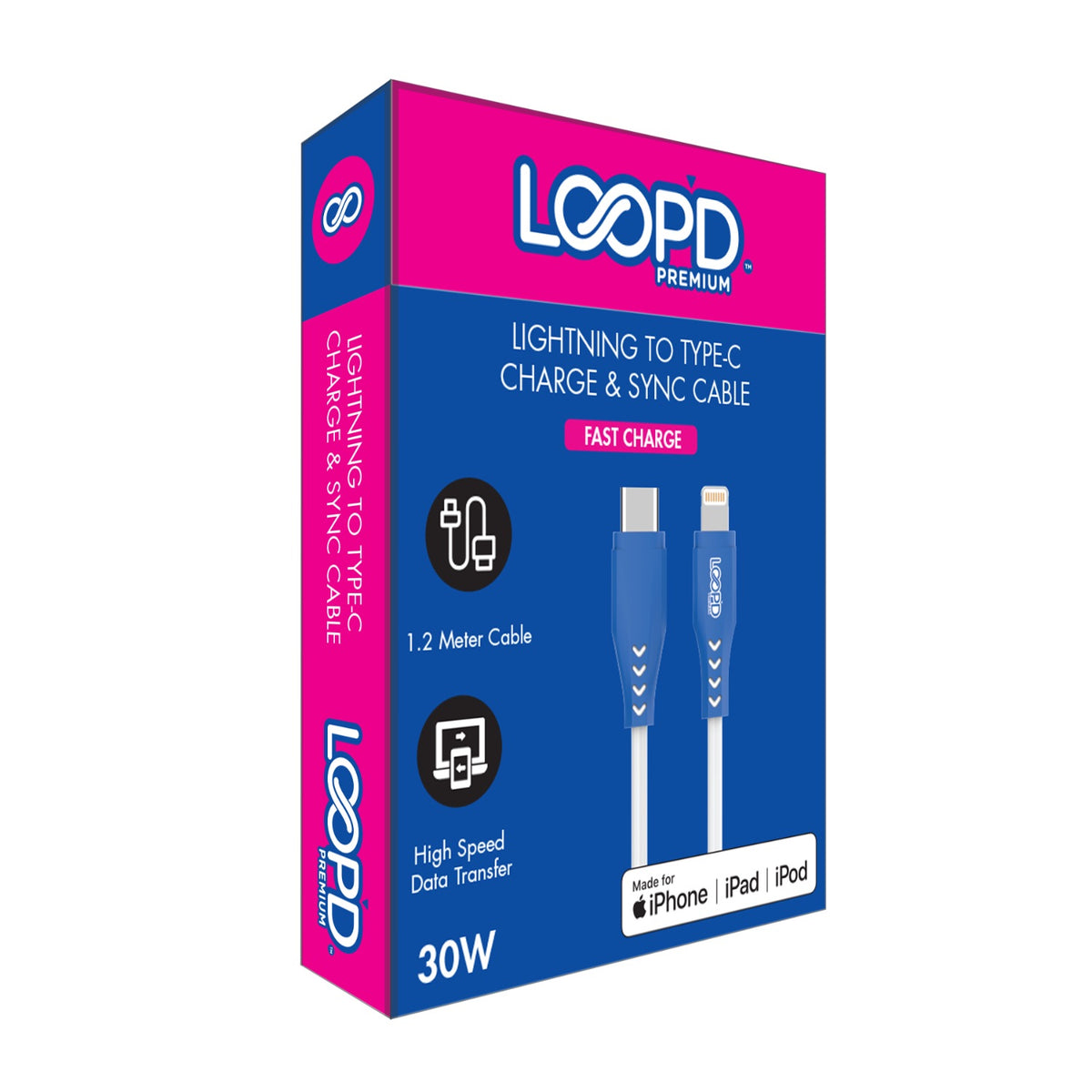LOOP'D MFI Lightning To Type-C Cable 30W - 1.2 Metre - White/Blue 5