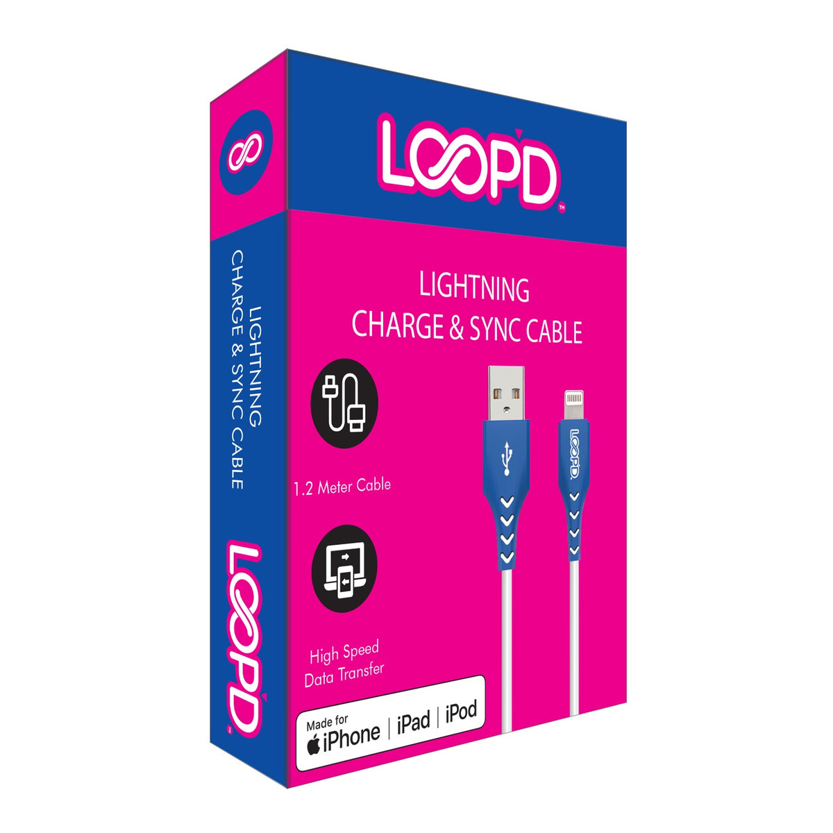 LOOP'D USB To MFI Lightning Cable - 1.2 Metre - White/Blue 2
