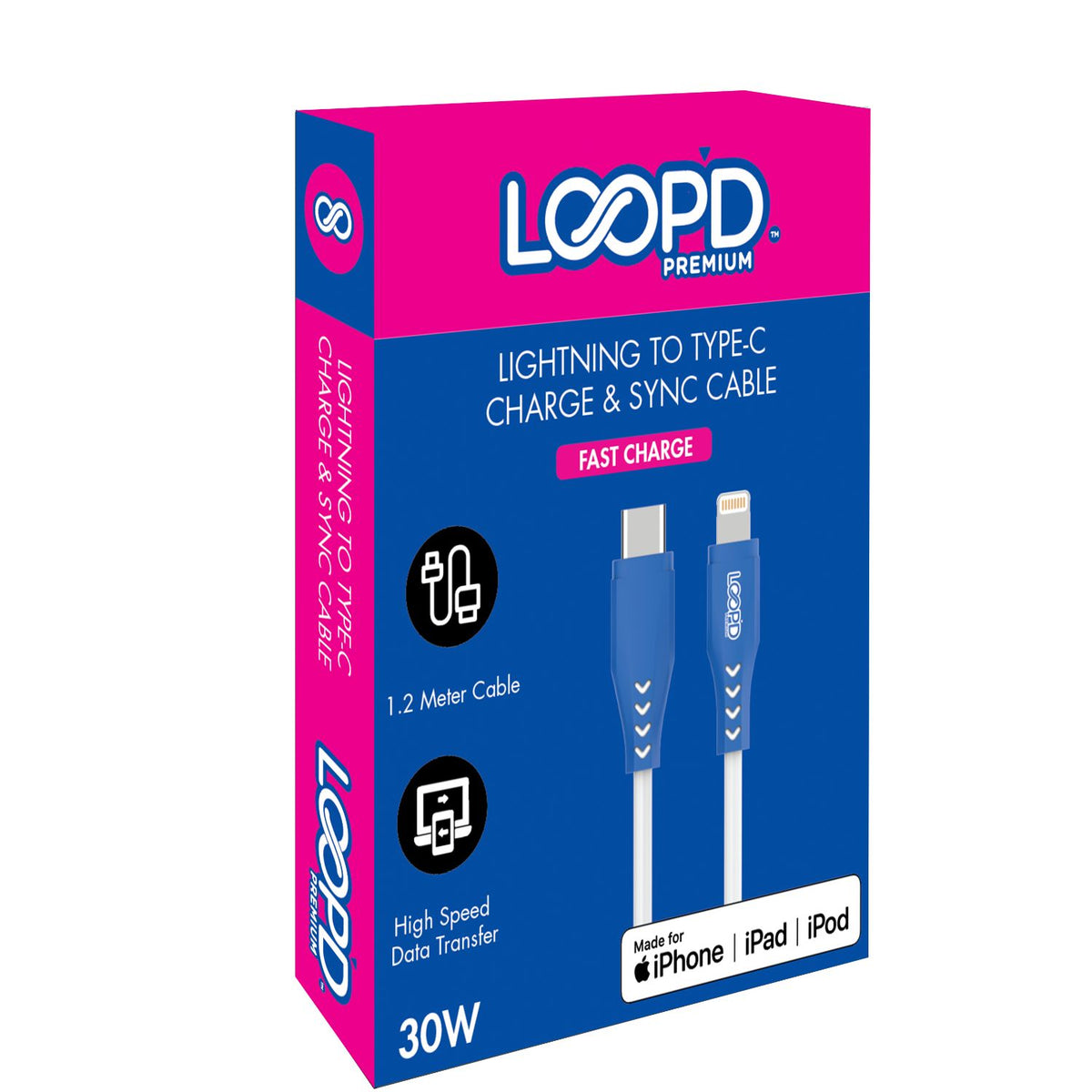 LOOP'D MFI Lightning To Type-C Cable 30W - 1.2 Metre - White/Blue 4