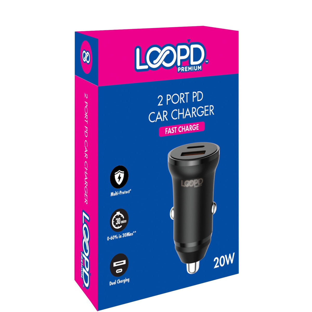 LOOP'D Dual Port PD Car Charger - 20W - Black 5