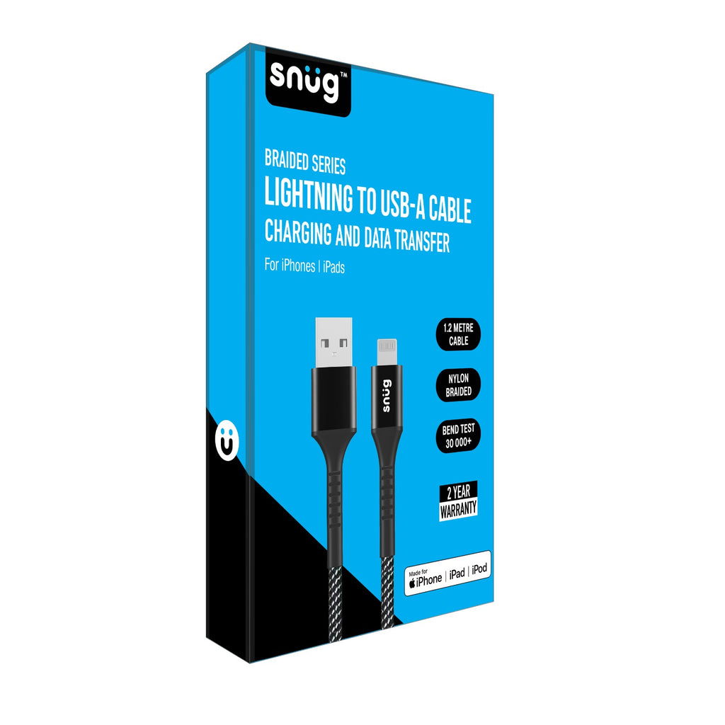 Snug USB To MFI Lightning Nylon Braid Cable 12W - 1.2 Metre - Black/Silver 4
