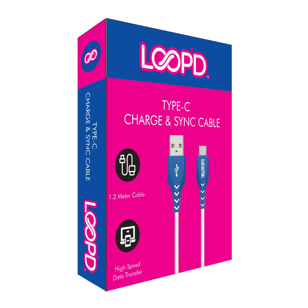 LOOP'D USB To USB Type-C Cable - 1.2 Metre - White/Blue 2