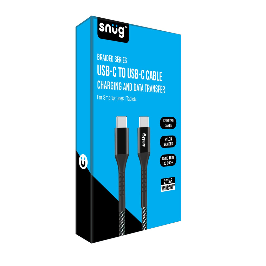 Snug Type-C To Type-C Nylon Braided Cable 60W - 1.2 Metre - Black/Silver 2