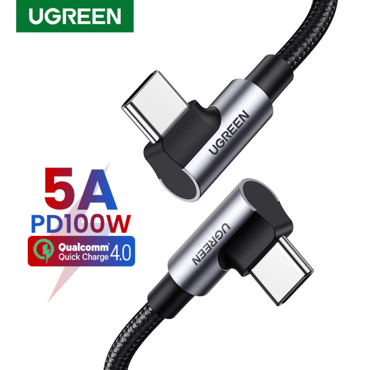 UGREEN Type-C To Type-C Right Angle Braided Cable - 2 Metre - Grey 2