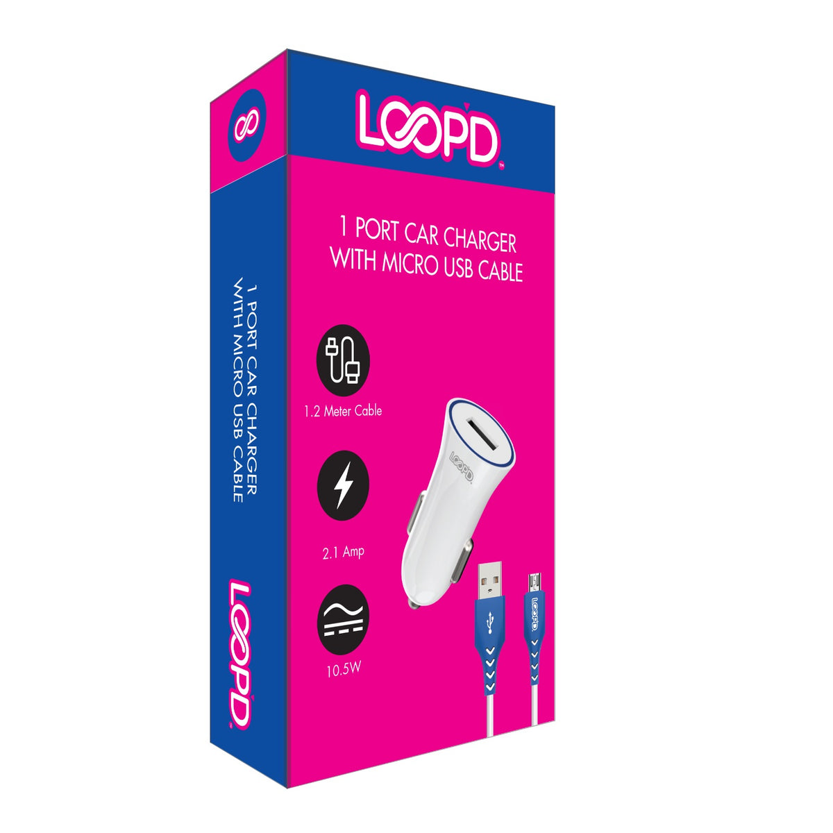 LOOP'D USB Port Car Charger With Micro USB Cable - 10.5W - White 2